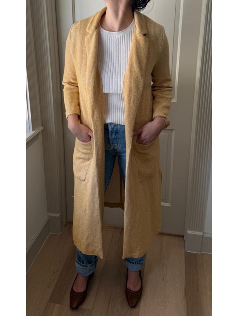 Zara Mustard long open-front coat size S